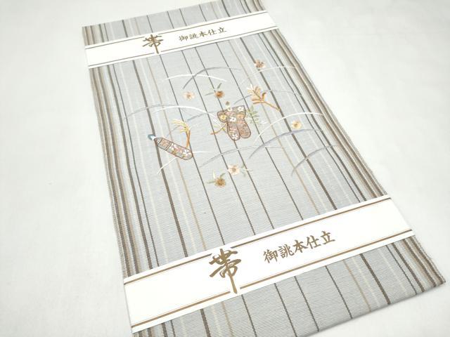 平和屋着物▽八寸名古屋帯 スリーシーズン 春夏秋 総刺繍 玩具草花文 金糸 正絹 逸品 CABK5859hy