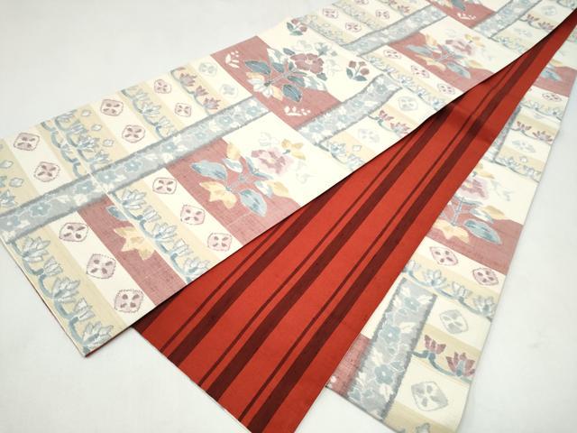 平和屋着物●両面 全通柄袋帯 紬地 草花文 正絹 逸品 CABK5883hy