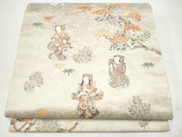 平和屋本店●六通柄袋帯 紙望人形絵図 本金箔 白金泥箔 正絹 逸品 CABK5885hy