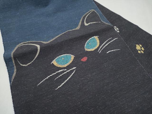平和屋着物●八寸名古屋帯 紬地 猫 金糸 正絹 逸品 CABK5901hy