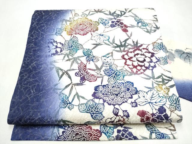 平和屋着物●九寸名古屋帯 型染め 花鳥文 銀通し地 さが美扱い 正絹 逸品 CABK5902hy
