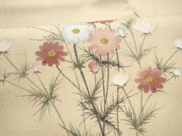 平和屋着物●九寸名古屋帯 手描き 紬地 枝菊文 正絹 逸品 CABK5908hy