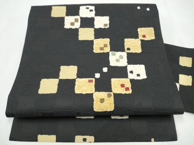 平和屋着物●九寸名古屋帯 モール織 変わり市松文様 黒地 正絹 逸品 CABK5909hy
