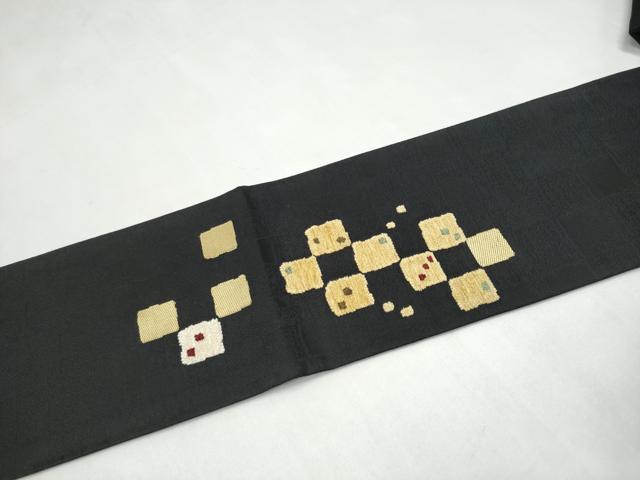 平和屋着物●九寸名古屋帯 モール織 変わり市松文様 黒地 正絹 逸品 CABK5909hy