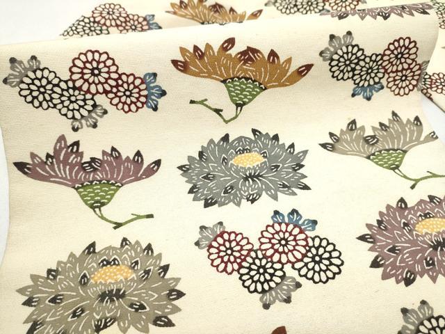 平和屋着物●本場琉球紅型 九寸名古屋帯 扇面草花文 金彩 正絹 逸品 CABK5919hy
