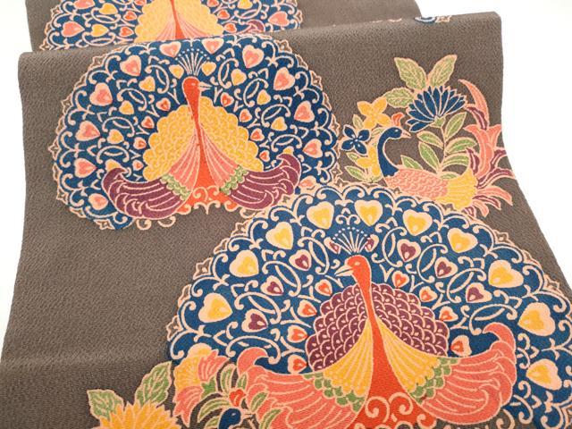 平和屋着物●全通柄 九寸開き名古屋帯 型染め 孔雀文 鬼しぼ縮緬 正絹 逸品 CABK5936hy