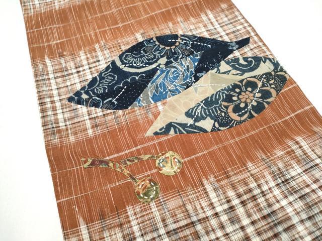 平和屋着物●太鼓柄袋帯 紬地 刺し子 パッチワーク 草花文 長尺 正絹 逸品 CABK5969hy
