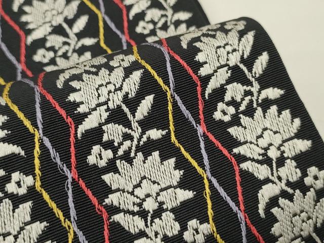 平和屋着物●本場筑前博多織 半幅帯 小野和也作 花間道 黒地 証紙付き 正絹 逸品 CABK6016ak