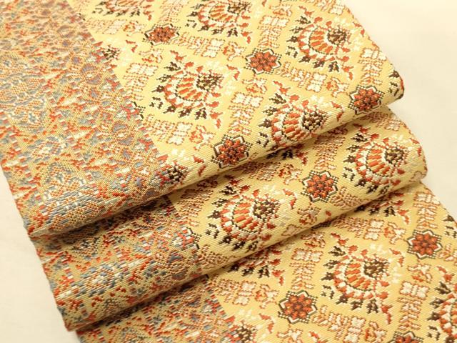平和屋着物●本場筑前博多織 半幅帯 幾何学菱文 証紙付き 正絹 逸品 未使用 CABK6111ak