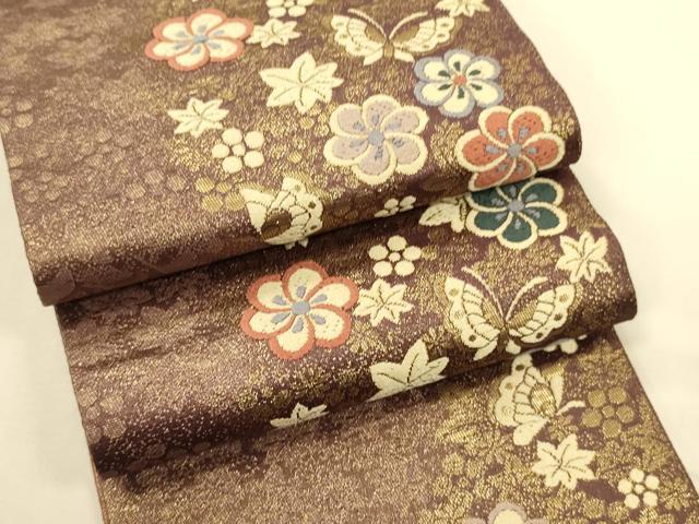 平和屋着物●本場筑前博多織 両面 半幅帯 丸協謹製 花蝶文 金糸 証紙付き 正絹 逸品 CABK6185ak