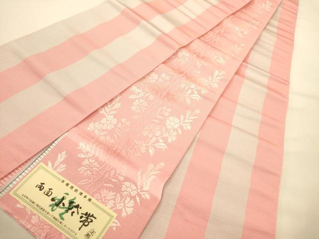 平和屋着物●本場筑前博多織 両面 半幅帯 草花文 証紙付き 正絹 逸品 未使用 CABK6212ak