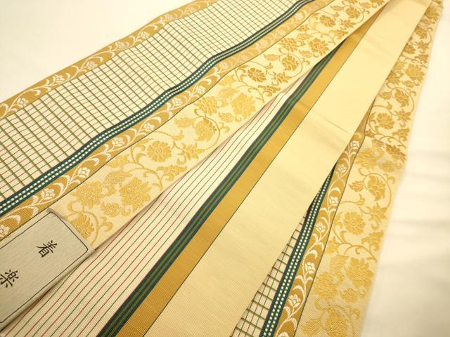 平和屋着物●本場筑前博多織 半幅帯 森博多織謹製 唐草花間道 証紙付き 正絹 逸品 未使用 CABK6214ak