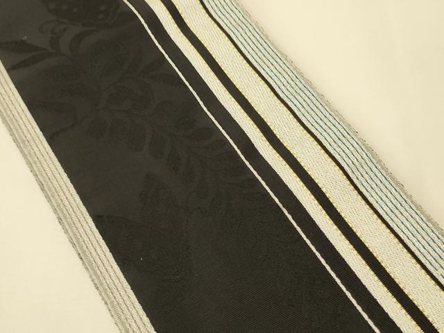 平和屋着物●本場筑前博多織 半幅帯 小野和也作 花蝶間道 博多金ラベル 黒地 証紙付き 正絹 逸品 CABK6257ak