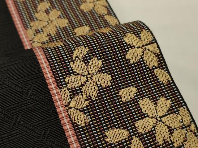 平和屋着物●本場筑前博多織 半幅帯 舞桜間道 黒地 正絹 逸品 CABK6269ak