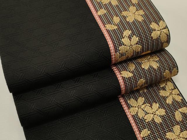 平和屋着物●本場筑前博多織 半幅帯 舞桜間道 黒地 正絹 逸品 CABK6269ak