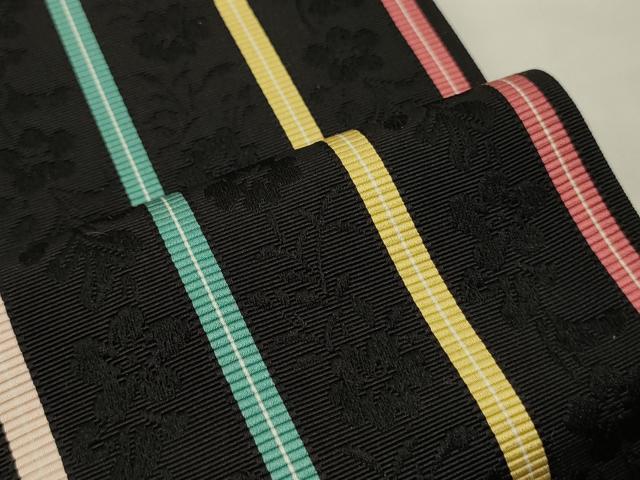 平和屋着物●本場筑前博多織 半幅帯 花間道 黒地 正絹 逸品 CABK6270ak