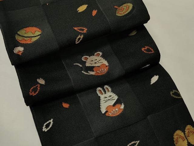 平和屋着物●両面 半幅帯 市松動物宝尽くし/幾何学文 黒地 CABK6303ak