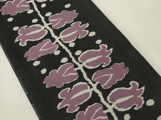 平和屋着物●両面 半幅帯 枝花文/市松文 黒地 正絹 逸品 CABK6332ak