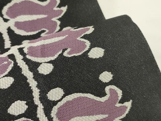 平和屋着物●両面 半幅帯 枝花文/市松文 黒地 正絹 逸品 CABK6332ak