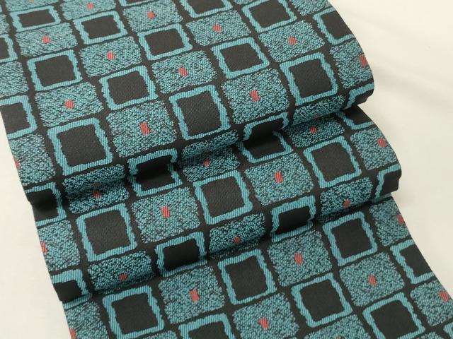平和屋着物●両面 半幅帯 枝花文/市松文 黒地 正絹 逸品 CABK6332ak