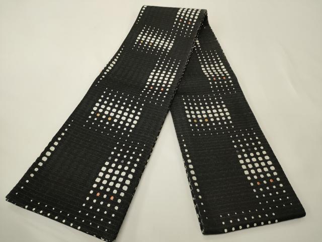 平和屋着物●両面 半幅帯 幾何学文 黒地 正絹 逸品 未使用 CABK6342ak