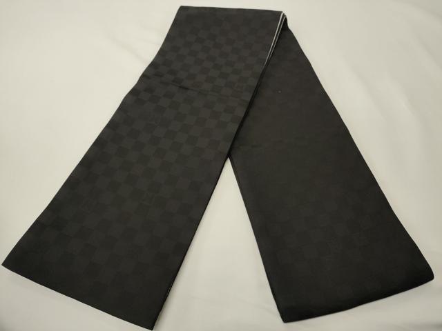 平和屋着物●両面 半幅帯 間道/市松蝶文 銀糸 正絹 逸品 未使用 CABK6353ak