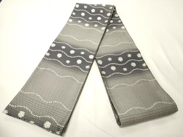 平和屋着物●両面 半幅帯 幾何学花文 銀糸 正絹 逸品 CABK6354ak