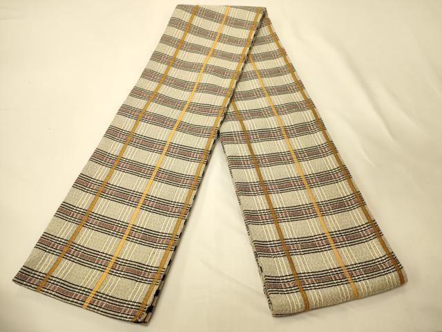 平和屋着物●両面 半幅帯 格子柄/網目文 正絹 逸品 未使用 CABK6356ak