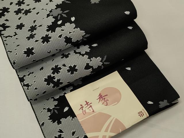 平和屋着物●両面 半幅帯 舞花文/菱文 黒地 未使用 CABK6363ak