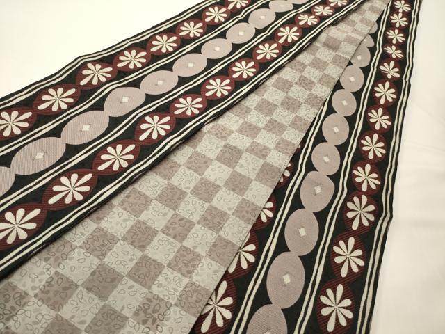 平和屋着物●両面 半幅帯 花間道/市松舞葉文 黒地 正絹 逸品 CABK6364ak