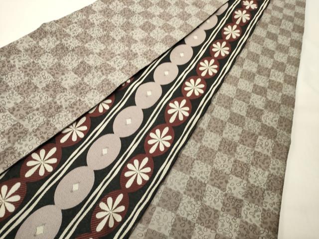 平和屋着物●両面 半幅帯 花間道/市松舞葉文 黒地 正絹 逸品 CABK6364ak