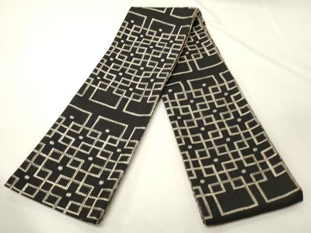 平和屋着物●西陣 両面 半幅帯 幾何学文/丸文 黒地 金糸 正絹 逸品 CABK6369ak