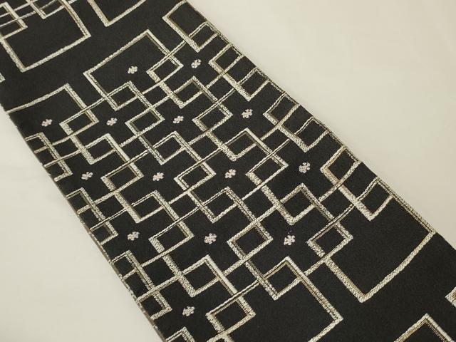 平和屋着物●西陣 両面 半幅帯 幾何学文/丸文 黒地 金糸 正絹 逸品 CABK6369ak