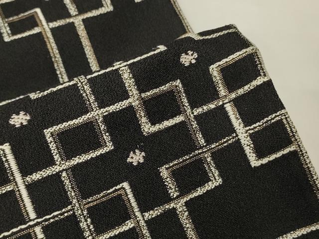 平和屋着物●西陣 両面 半幅帯 幾何学文/丸文 黒地 金糸 正絹 逸品 CABK6369ak