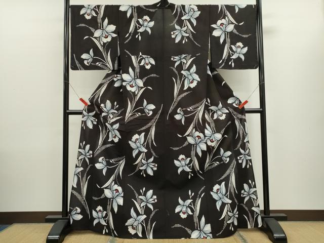 平和屋着物∴夏物 浴衣 注染 カトレア 手縫い 黒地 綿 逸品 未使用 CABK6565ze