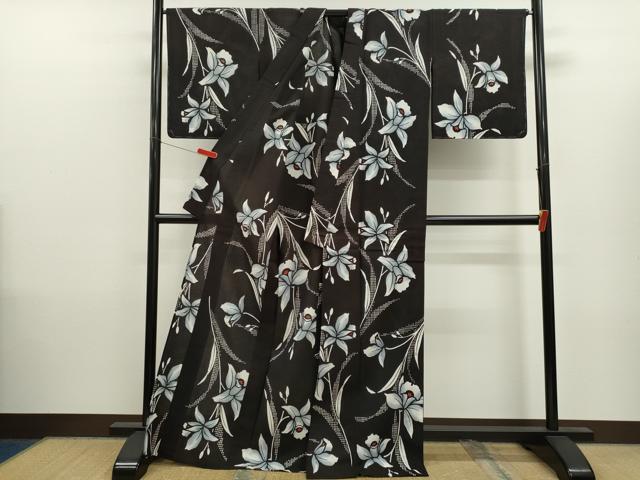 平和屋着物∴夏物 浴衣 注染 カトレア 手縫い 黒地 綿 逸品 未使用 CABK6565ze