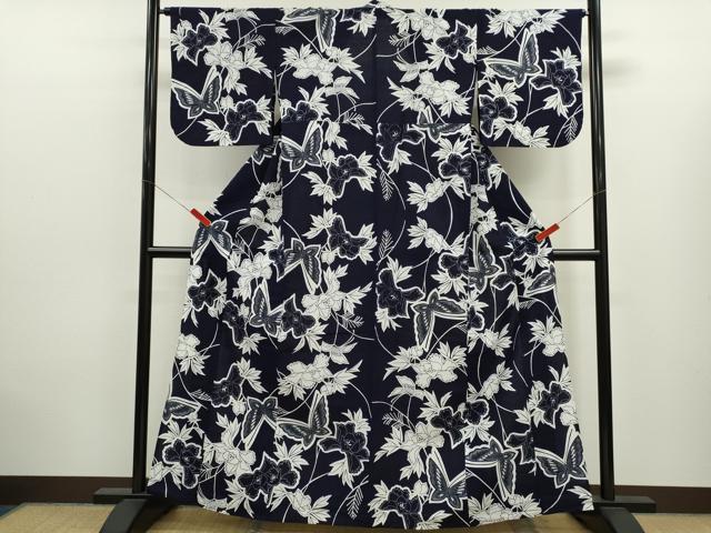 平和屋着物∴夏物 浴衣 注染 草花舞蝶文 手縫い 綿 逸品 CABK6567ze