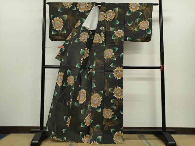 平和屋着物∴夏物 浴衣 注染 向日葵舞蝶文 金彩 手縫い 綿 逸品 CABK6641ze