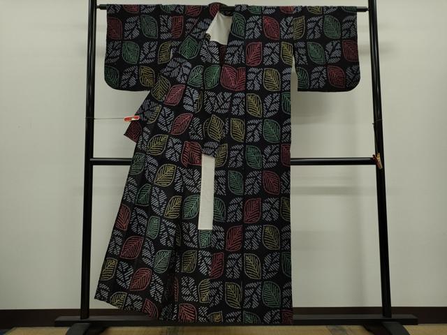 平和屋着物∴夏物 浴衣 有松鳴海絞り 舞葉文 黒地 綿 逸品 CABK6706ze
