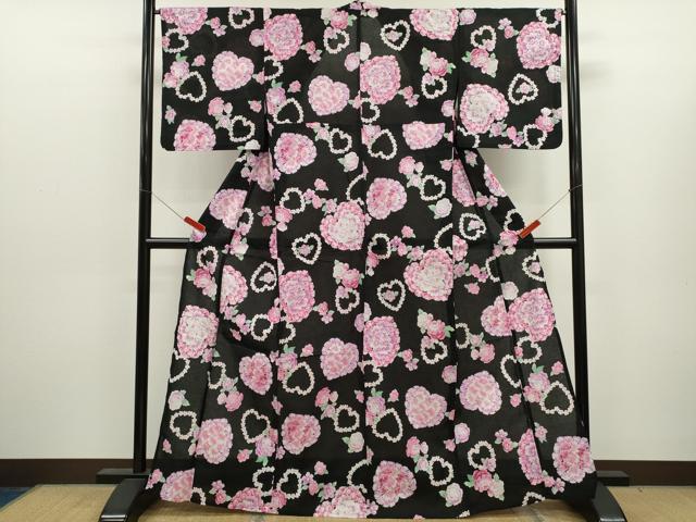 平和屋着物∴夏物 浴衣 ハート 草花文 ラメ 黒地 綿 逸品 CABK6734ze