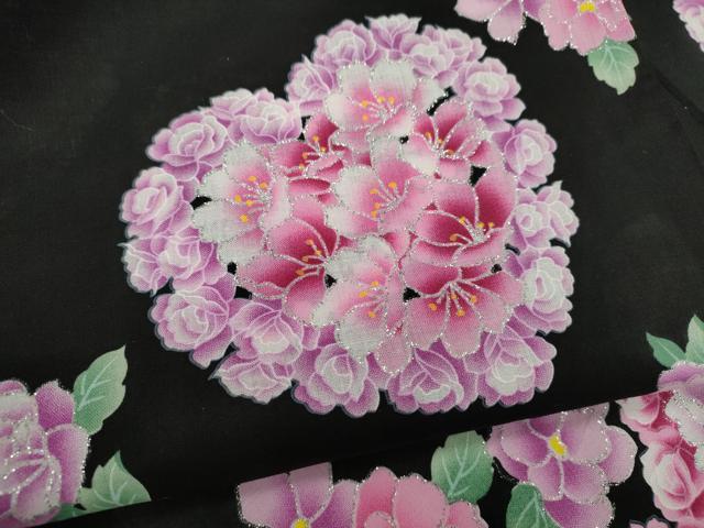平和屋着物∴夏物 浴衣 ハート 草花文 ラメ 黒地 綿 逸品 CABK6734ze