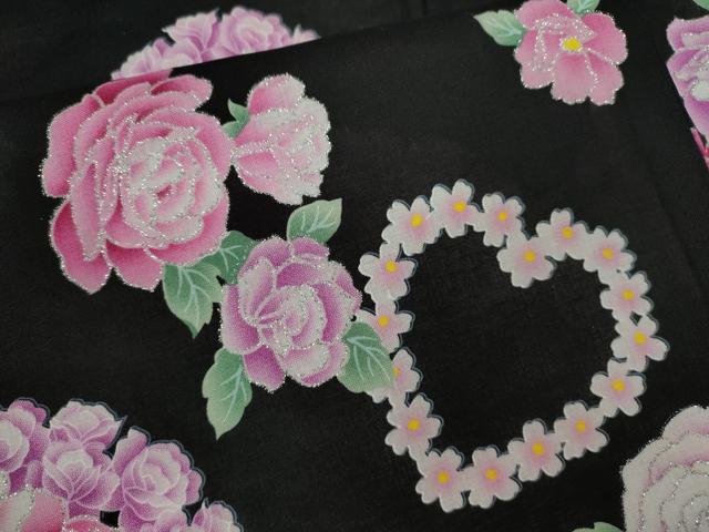 平和屋着物∴夏物 浴衣 ハート 草花文 ラメ 黒地 綿 逸品 CABK6734ze