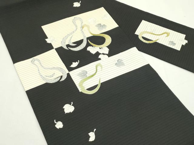 平和屋着物*夏物 絽塩瀬 九寸名古屋帯 瓢箪 黒地 金彩 五泉 反端付き 正絹 逸品 CABK6811rv
