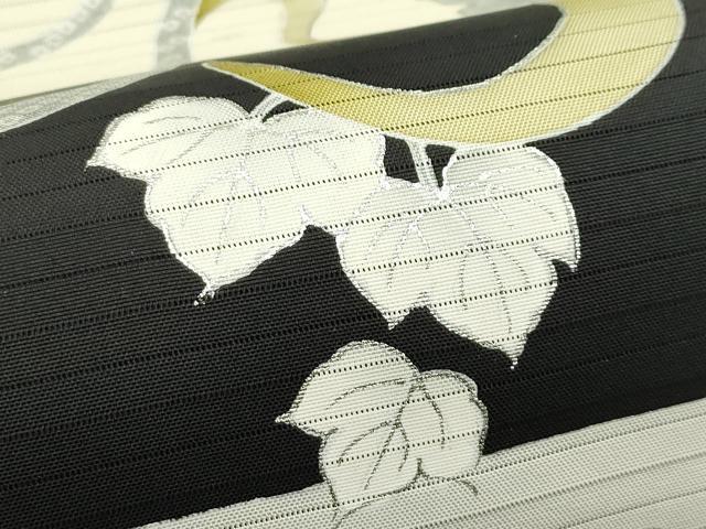 平和屋着物*夏物 絽塩瀬 九寸名古屋帯 瓢箪 黒地 金彩 五泉 反端付き 正絹 逸品 CABK6811rv