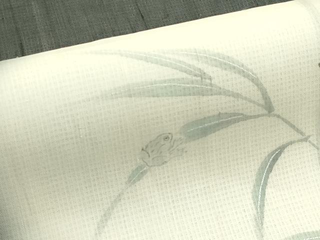 平和屋着物*夏物 九寸名古屋帯 手描き 紬地 蛙 笹竹文 銀彩 正絹 逸品 CABK6835rv