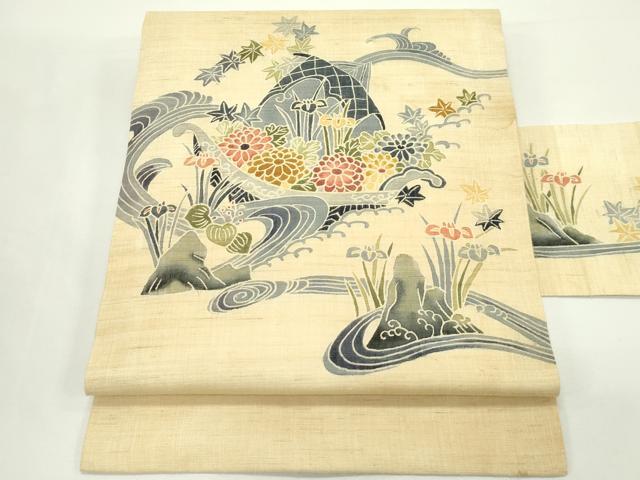 平和屋着物*夏物 九寸名古屋帯 型染め 秋草文 麻 逸品 CABK6867rv
