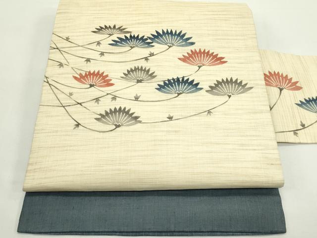 平和屋着物*夏物 九寸名古屋帯 型染め 草花文 麻 逸品 CABK6893rv
