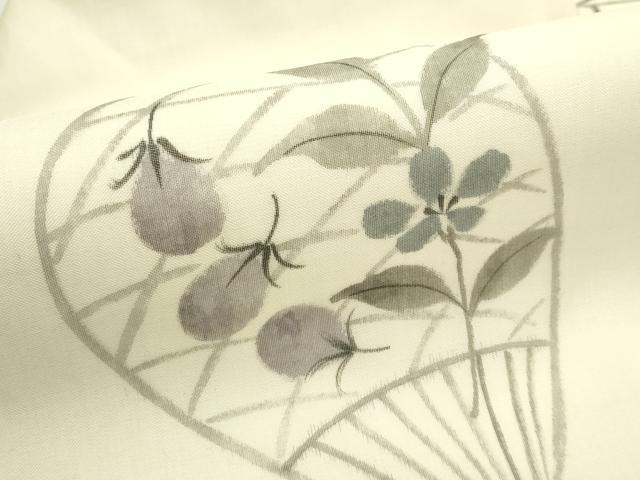 平和屋着物*夏物 九寸名古屋帯 手描き 成り物 茄子 団扇 正絹 逸品 CABK6896rv