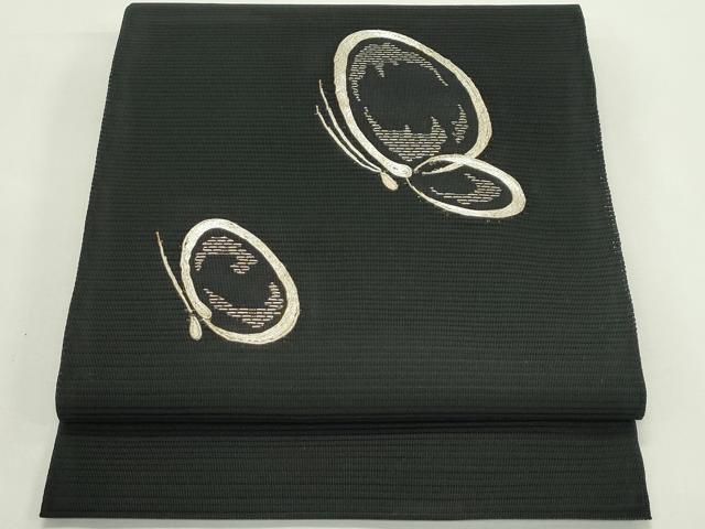 平和屋着物*夏物 八寸名古屋帯 絽綴れ 駒刺繍 舞蝶文 黒地 銀糸 正絹 逸品 CABK6903rv