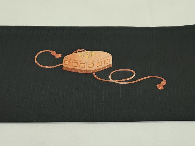 平和屋着物*夏物 絽塩瀬 九寸名古屋帯 手描き 能 黒地 金彩 正絹 逸品 未使用 CABK6939rv